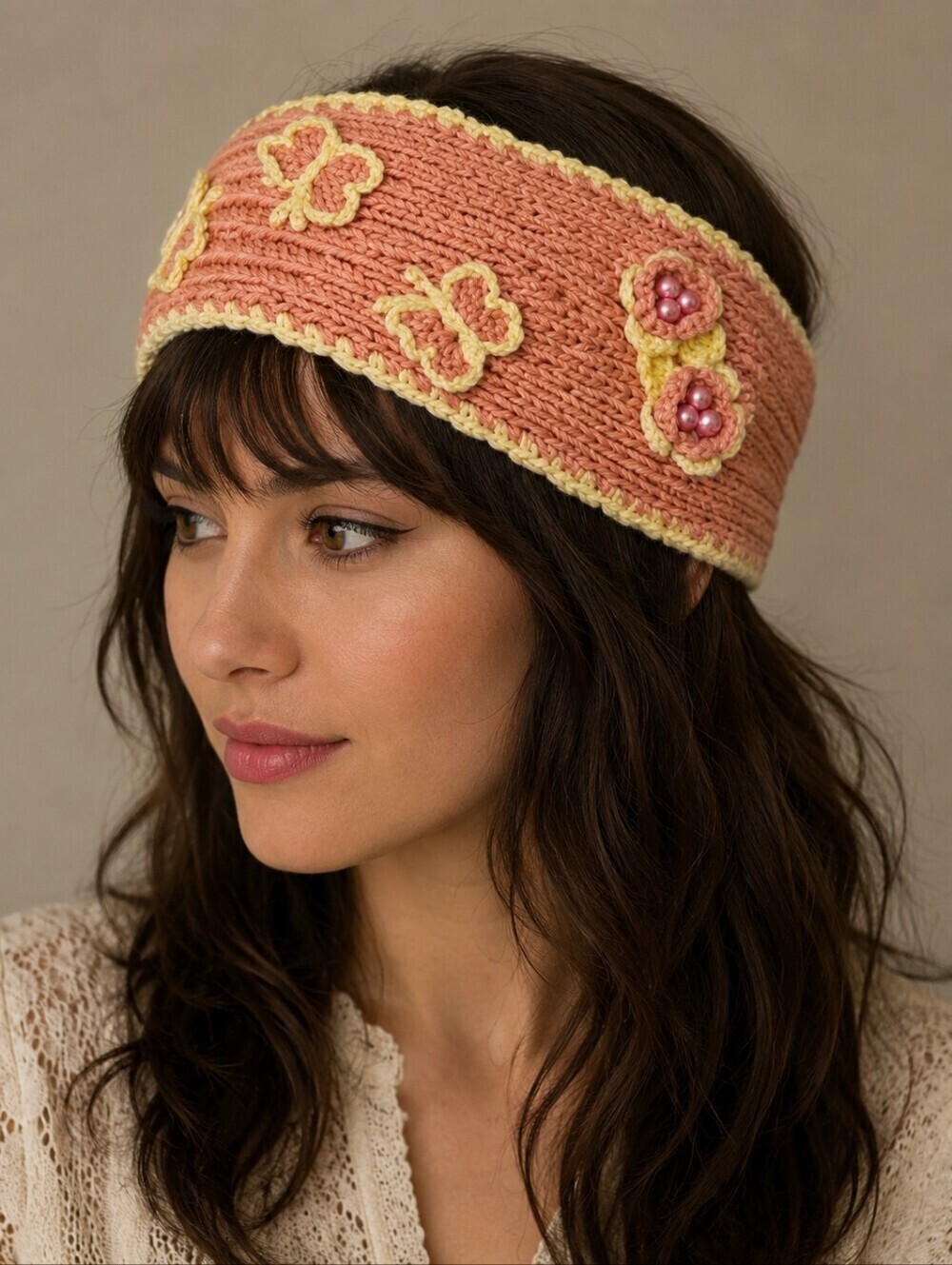 Vintage Crochet Fairycore Floral Butterfly Button Salmon Headband Wrap